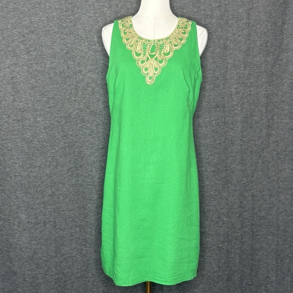 Jessica Howard Gold Embroidered Green Linen Blend Sheath Dress Womens Size 10